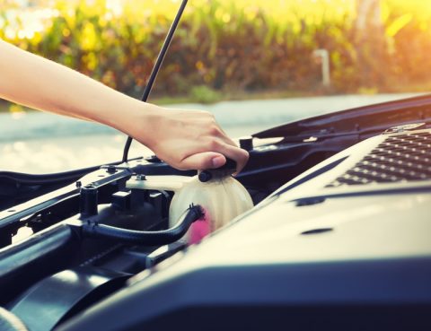 person checking the coolant in their vehicle